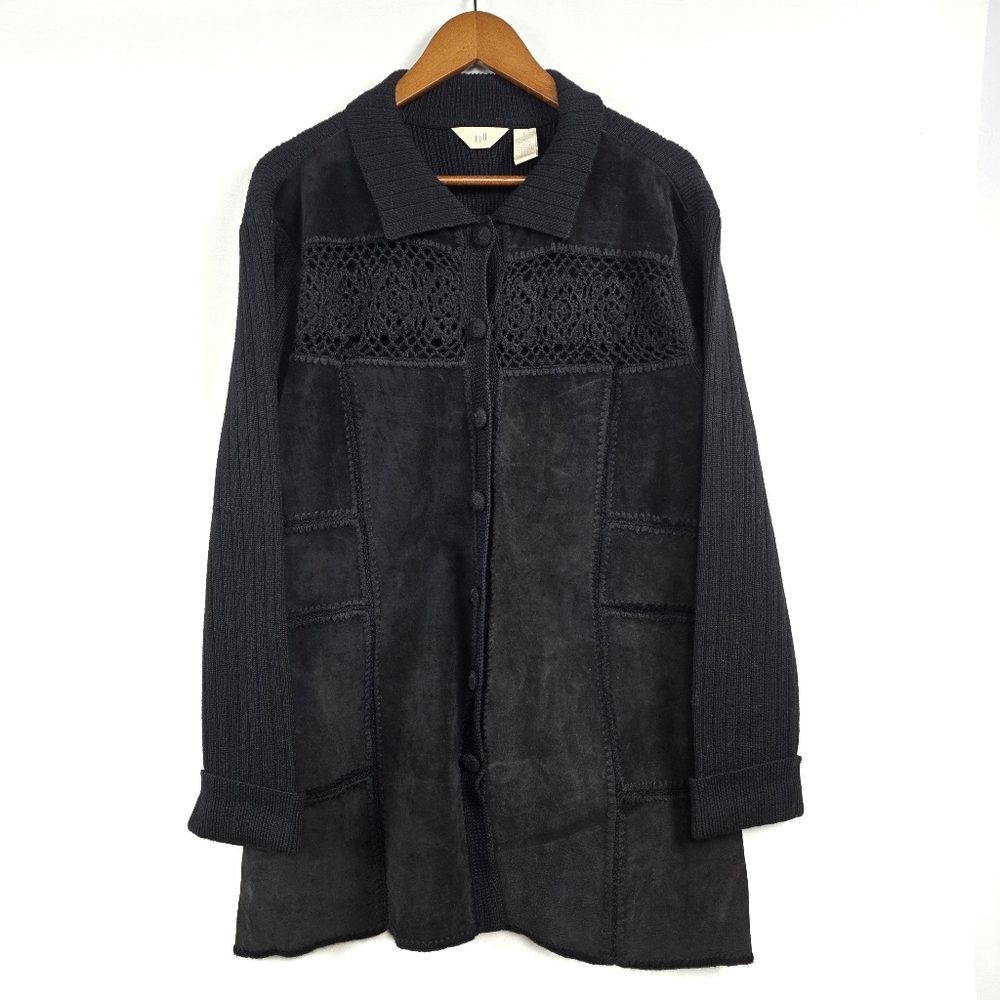 J Jill Suede Leather Crochet Patchwork Sweater Cardigan Black Size Large